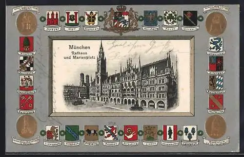 Passepartout-Lithographie München, Rathaus und Marienplatz, Städtewappen, Gedenkmünzen