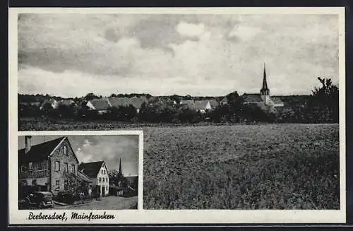 AK Brebersdorf, Ortsansicht mit Kirche, Gasthaus zu den drei Kronen