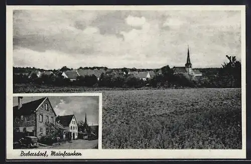 AK Brebersdorf, Ortsansicht mit Kirche, Gasthaus zu den drei Kronen