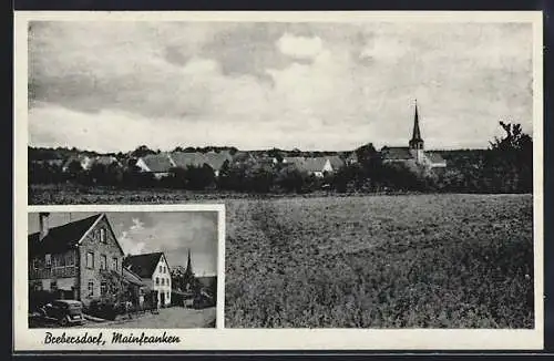 AK Brebersdorf, Ortsansicht mit Kirche, Gasthaus zu den drei Kronen