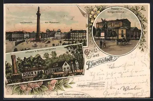 Lithographie Darmstadt, Pension Ludwigshöhe, Theater und Kriegerdenkmal