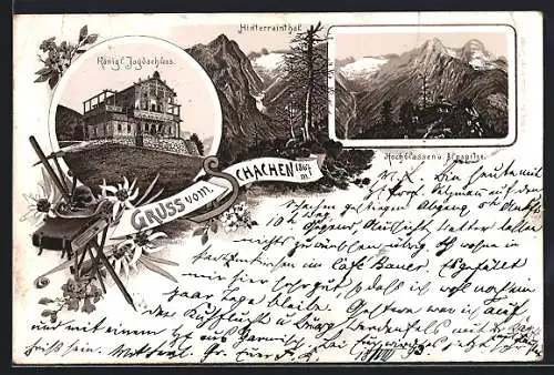 Lithographie Schachen / Garmisch-Partenkirchen, Blick auf Hochblassen und Alpspitze, das kgl. Jagdschloss