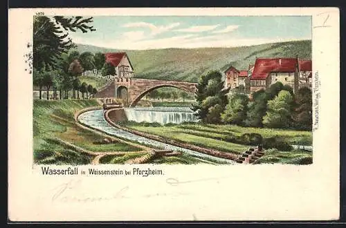 Lithographie Weissenstein / Pforzheim, Wasserfall unter einer Brücke