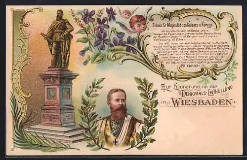 Lithographie Wiesbaden, Denkmals-Enthüllung Kaiser Friedrich III.