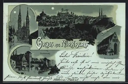 Mondschein-Lithographie Nürnberg, Lorenzkirche, Henkersteg, Bratwurstglöcklein