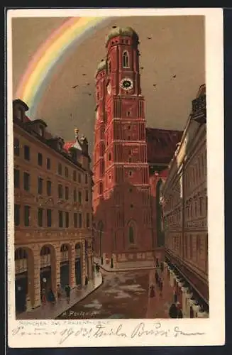 Lithographie München, Regenbogen über der Frauenkirche