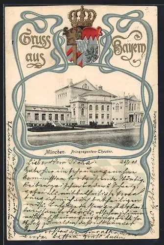 AK München, Das Prinzregenten-Theater, im Passepartout mit bayrischem Wappen