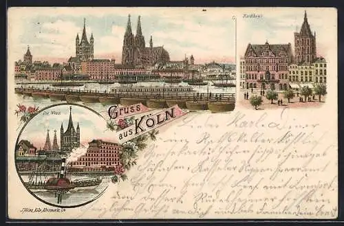 Lithographie Köln, Rathhaus, Raddampfer Colonia an der Werft, Panoramablick