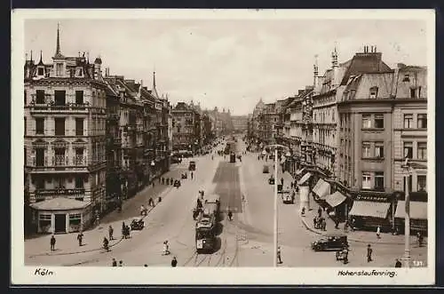 AK Köln-Neustadt, Geschäftshäuser und Strassenbahn am Hohenstaufenring