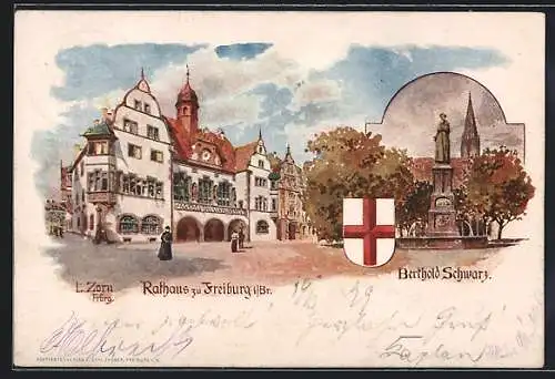 Künstler-AK sign. Zorn: Freiburg / Breisgau, Rathaus, Denkmal Berthold Schwarz, Wappen