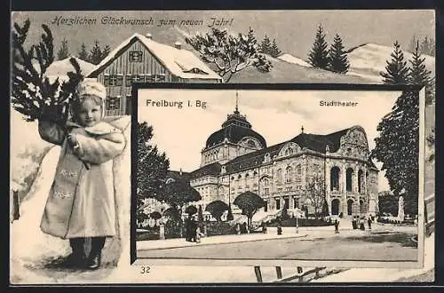 AK Freiburg / Breisgau, Das Stadttheater, winterliches Passepartout, Neujahrskarte