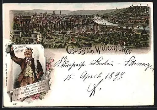 Lithographie Würzburg, Gesamtansicht und trinkender Verbindungsmann