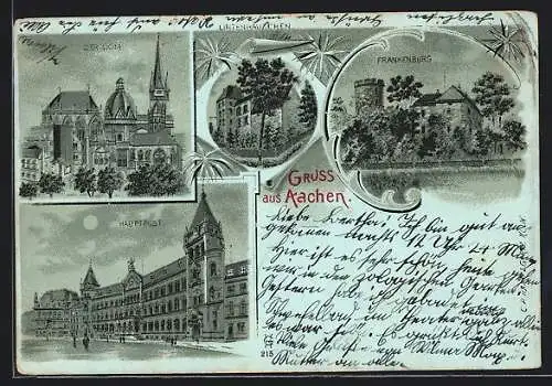 Mondschein-Lithographie Aachen, Der Dom, die Hauptpost, das Linzenhäuschen, Frankenburg