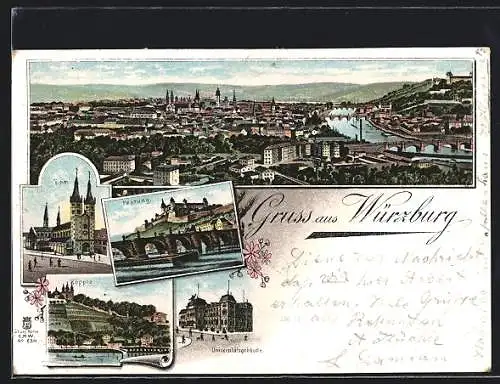 Lithographie Würzburg, Dom, Festung, Köpple, Universitätsgebäude, Gesamtansicht