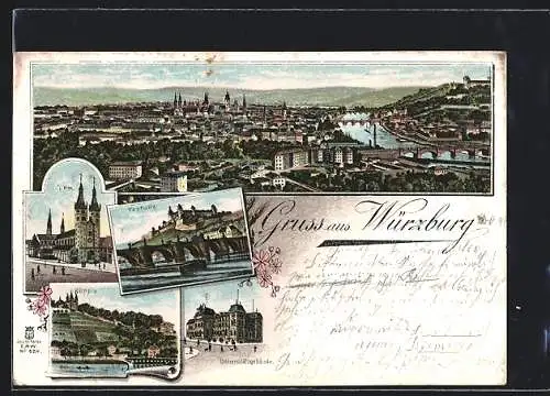 Lithographie Würzburg, Totalansicht, Festung, Käpple