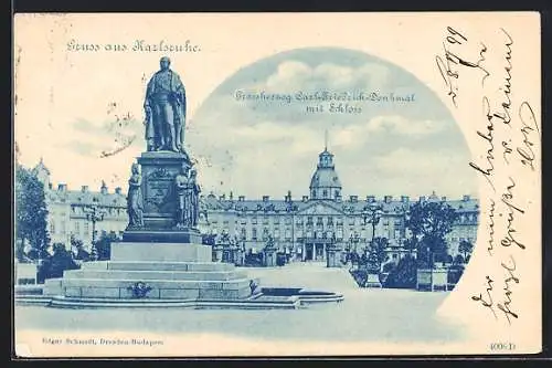 AK Karlsruhe, Grossherzog Carl-Friedrich-Denkmal mit Schloss