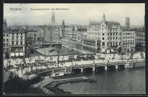 AK Hamburg, Reesendammbrücke und Alsterarkaden, Strassenbahn