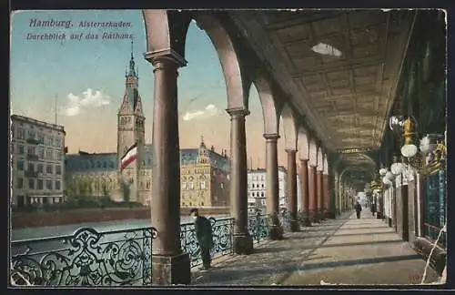 AK Hamburg, Alsterarkaden, Durchblick auf das Rathaus