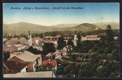 AK Munkács, Ortsansicht mit Blick zu den Karpathen