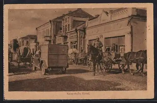 AK Kowel, Kaiserstrasse mit dt. Soldaten, Pferdegespann