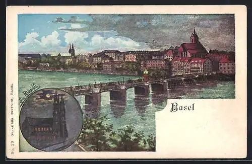 Lithographie Basel, Kirche bei Mondschein, Teilansicht mit Brücke