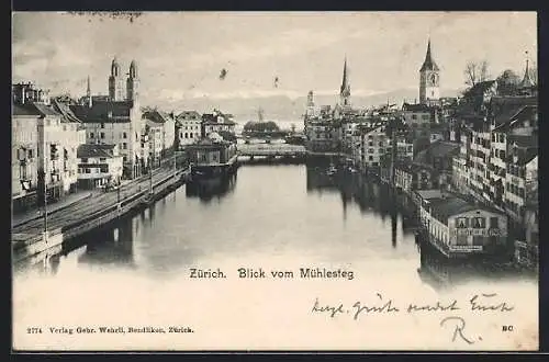 AK Zürich, Blick vom Mühlesteg auf den Ort