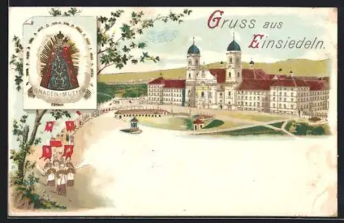 Lithographie Einsiedeln, Gnadenbild, Stift um 1900