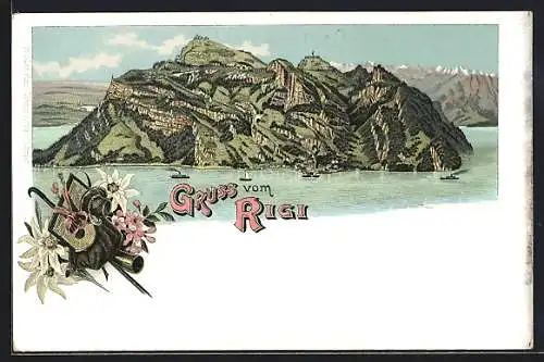 Lithographie Rigi, Panorama, Wanderausrüstung, Edelweiss