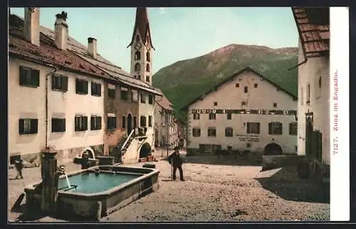 AK Zuoz im Engadin, Ortspartie am Wasserbrunnen