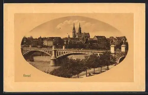 Präge-AK Basel, Uferpartie mit Kirche und Brücke, Passepartout