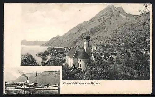 AK Gersau, Teilansicht mit Kirche, Dampfer auf dem Vierwaldstättersee