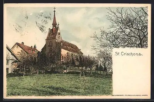 Künstler-AK Hermann Daur: St. Chrischona, Kirche