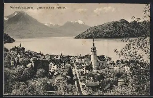 AK Vitznau /Vierwaldstättersee, Teilansicht mit Kirche und Rigibahn