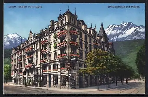 AK Luzern, Schiller Hotel Garni, Pilatusstrasse mit Pilatus