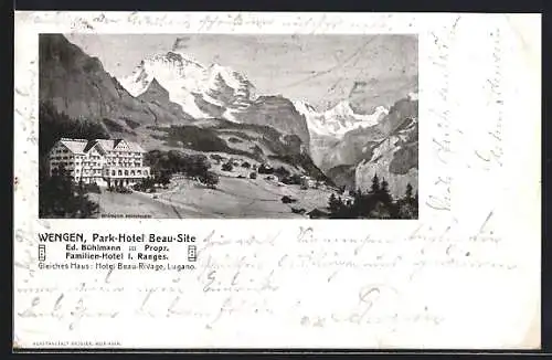 Künstler-AK Wengen, Park-Hotel Beau-Site von Ed. Bühlmann