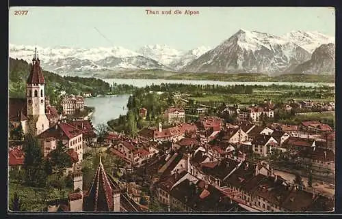 AK Thun, Teilansicht und die Alpen