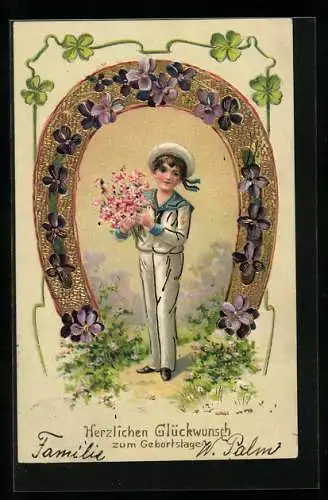 Präge-AK Geburtstags-Glückwünsche, Kleiner Matrose unterm Hufeisen
