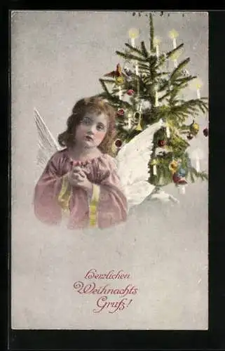 AK Betender Weihnachtsengel unter dem Weihnachtsbaum