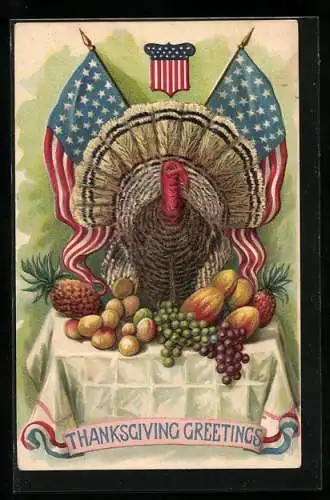 Präge-AK Thanksgiving Greetings, Truthahn vor amerikanischer Flagge