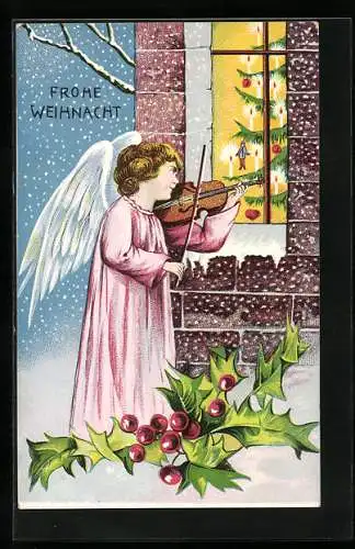 AK Weihnachtsengel spielt Geige vor dem Fenster