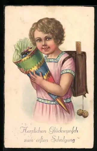 AK Glückwunsch zum ersten Schulgang, Mädchen mit Schultüte und Mappe