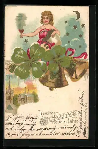 AK Neujahrsengel mit Kleeblättern und Glocken