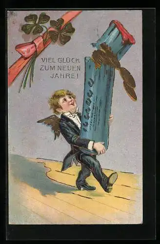 AK Neujahrsengel im Frack mit aufgerissener Münzrolle, Karte m. Golddruck