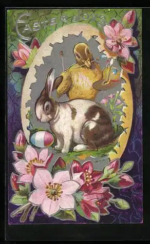 Präge-AK Osterhase und Küken mit Pinsel und Palette