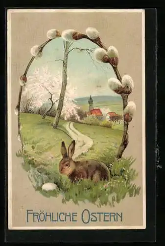 AK Osterhase im Gras am Stadtrand, Weidenkätzchen-Passepartout