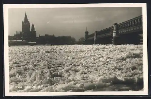 AK Wien, Eisstoss auf der Donau an der Reichsbrücke, 1929