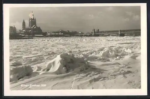 AK Wien, Eiststoss auf der Donau 1929, im Hintergrund die Stadt und die Reichsbrücke