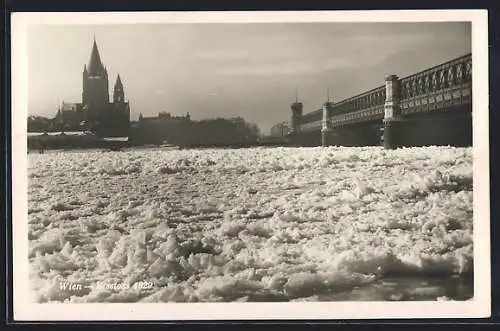 AK Wien, Eisstoss bei der Reichsbrücke 1929, im Hintergrund die Stadt