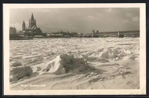 AK Wien, Der Eisstoss auf der Donau von 1929, Reichsbrücke im Hintergrund