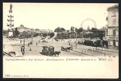 AK Wien, Pferdebahn auf der Ausstellungsstrasse, Praterstern, Tegetthoff-Monument, Riesenrad